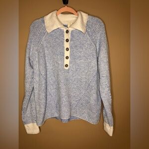 Aspen Blue White Textured Knit Polo Sweater Size L